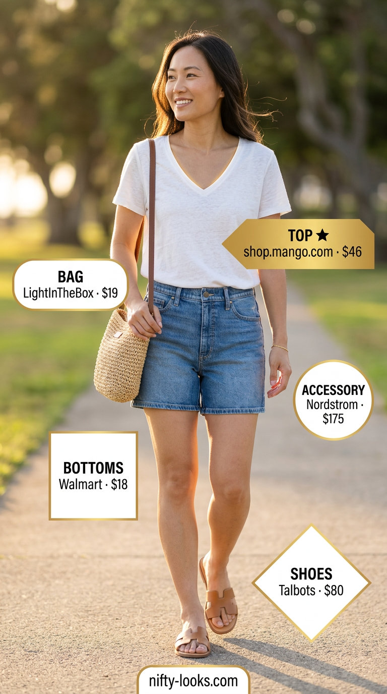 White v-neck t-shirt with light wash denim shorts for coastal breeze style. Summer v-neck outfits women 2026.