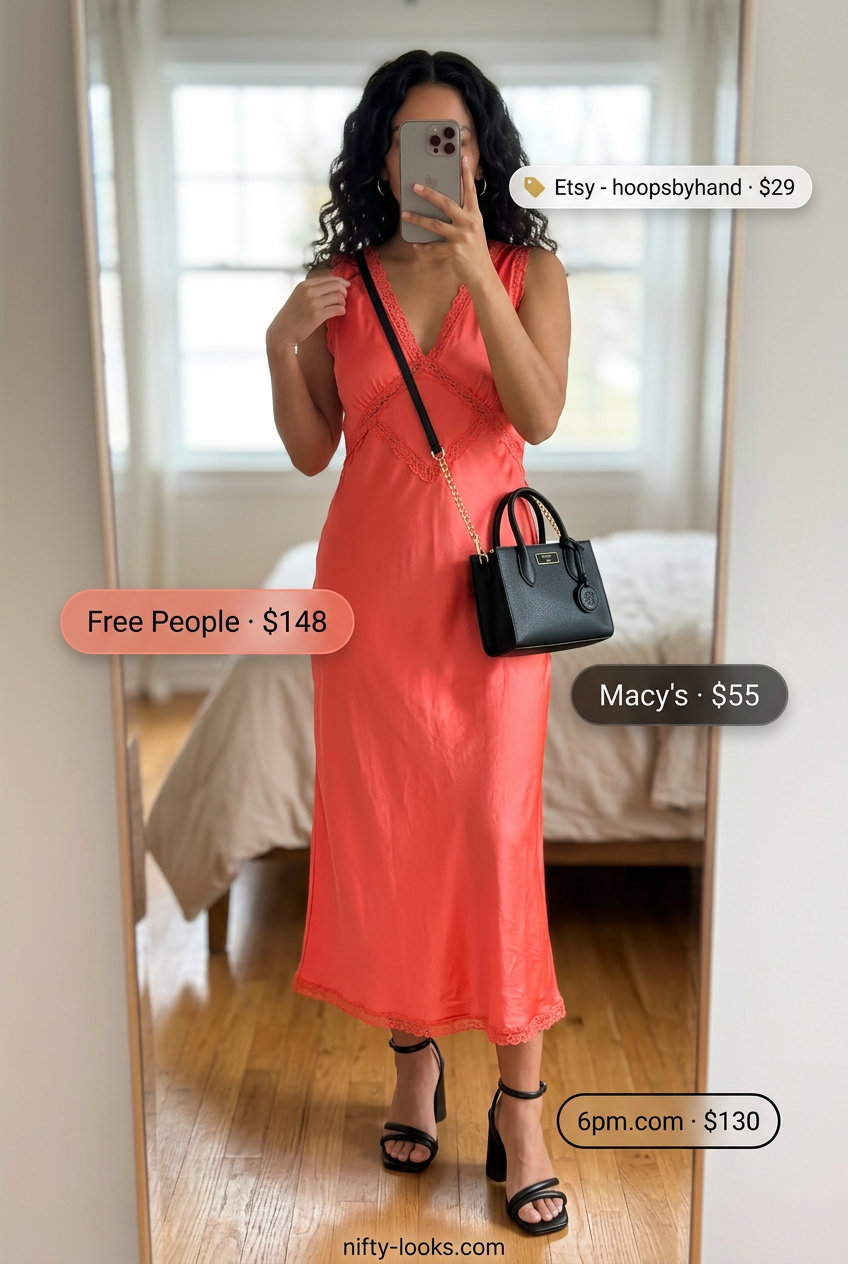 Chic summer v-neck outfits women 2026: Coral slip dress, black heels, black mini bag, gold earrings.