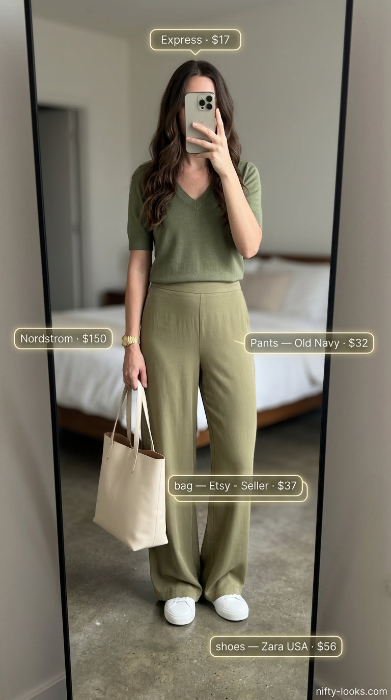 Polished summer v-neck outfits women 2026: Olive knit set, white sneakers, cream tote for travel.