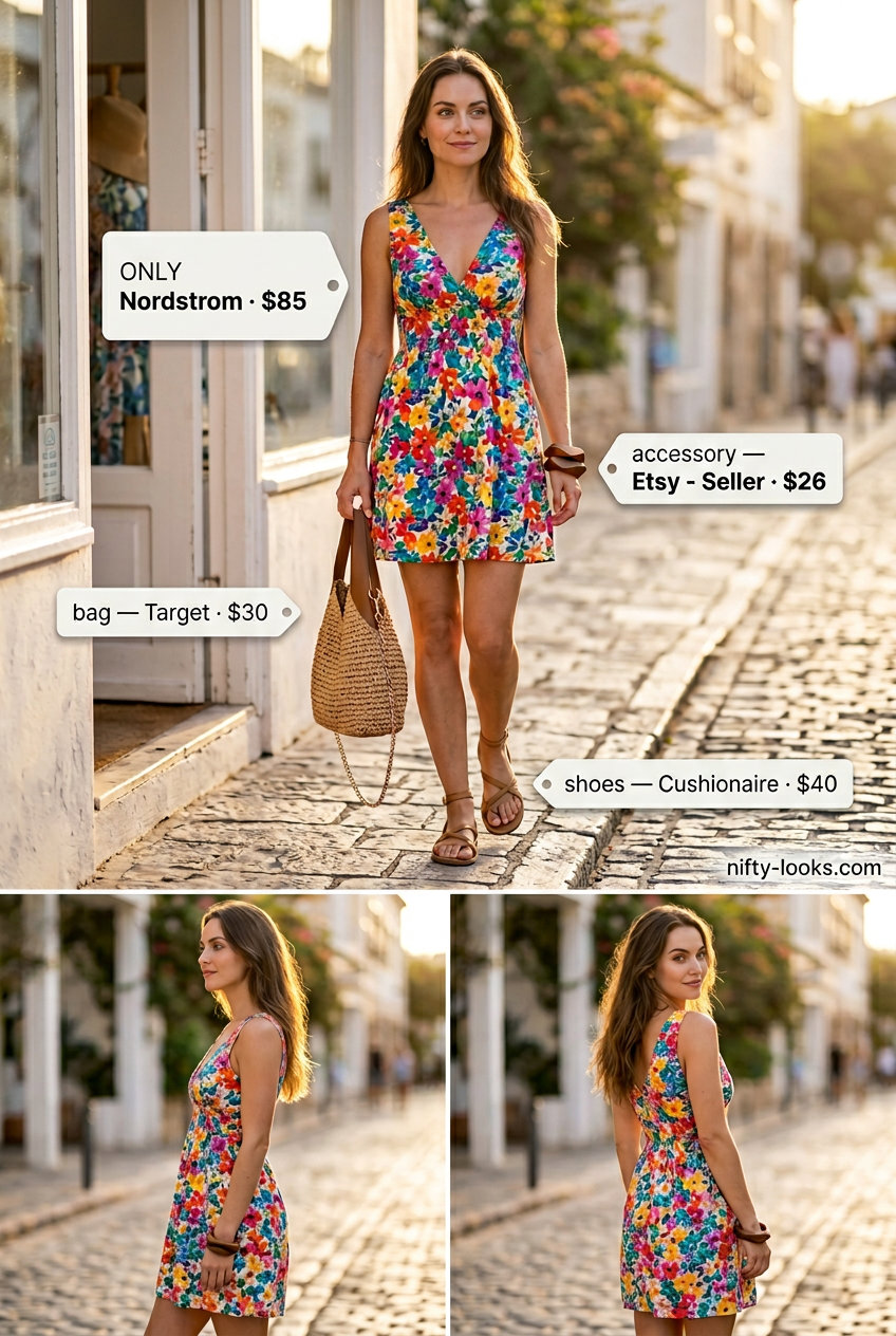 Playful summer v-neck outfits women 2026: Floral crop top & shorts set, espadrilles, raffia bag.