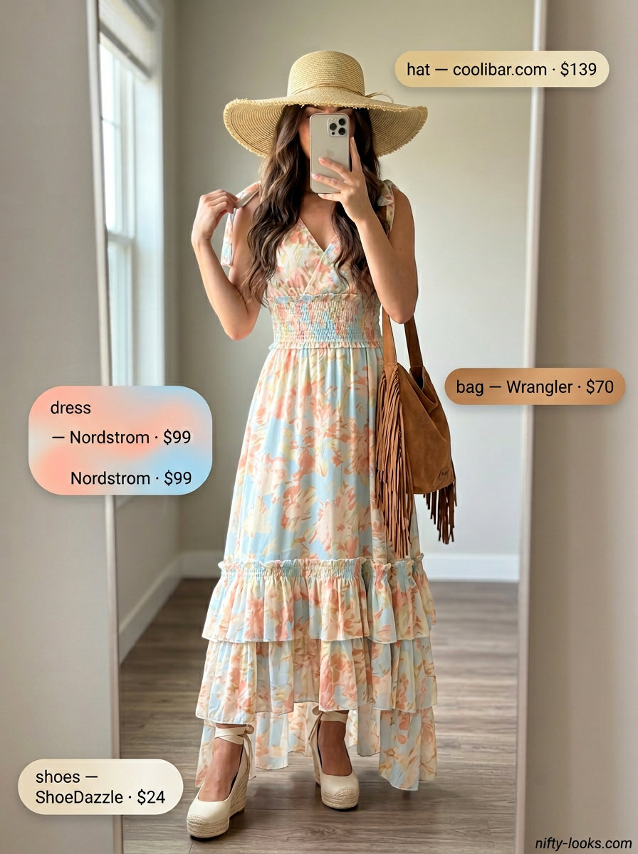 Boho summer v-neck outfits women 2026: Floral maxi dress, straw hat, espadrilles, fringe bag.