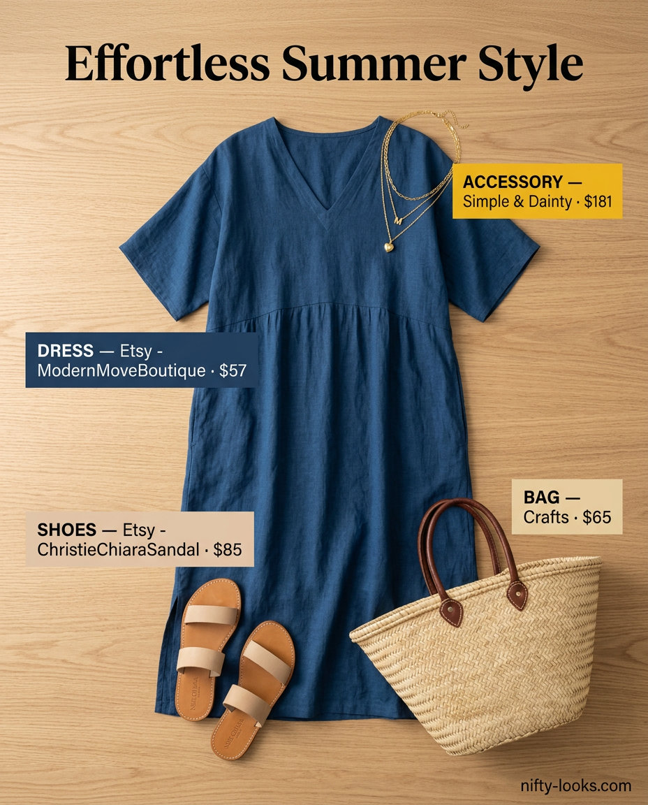 Effortless summer v-neck outfits women 2026: Camel linen dress, flat sandals, straw tote for vacation.
