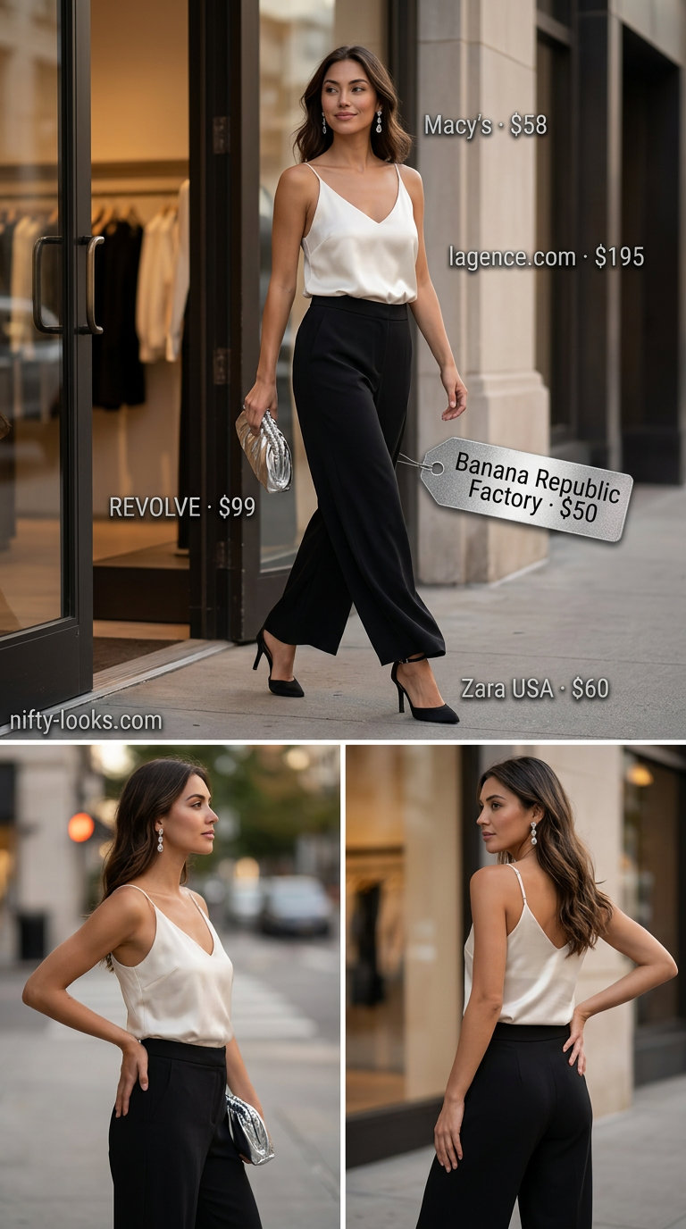 Elegant summer v-neck outfits women 2026: Ivory camisole, black wide-leg pants, heels, clutch.