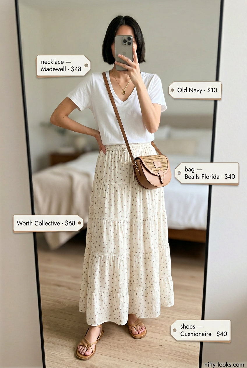 White v-neck t-shirt with pink floral maxi skirt for casual weekend style. Summer v-neck outfits women 2026.