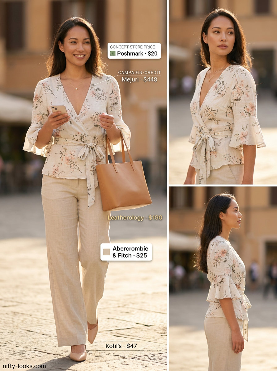 Floral print v-neck wrap blouse with beige tailored trousers for summer office chic. Summer v-neck outfits women 2026.