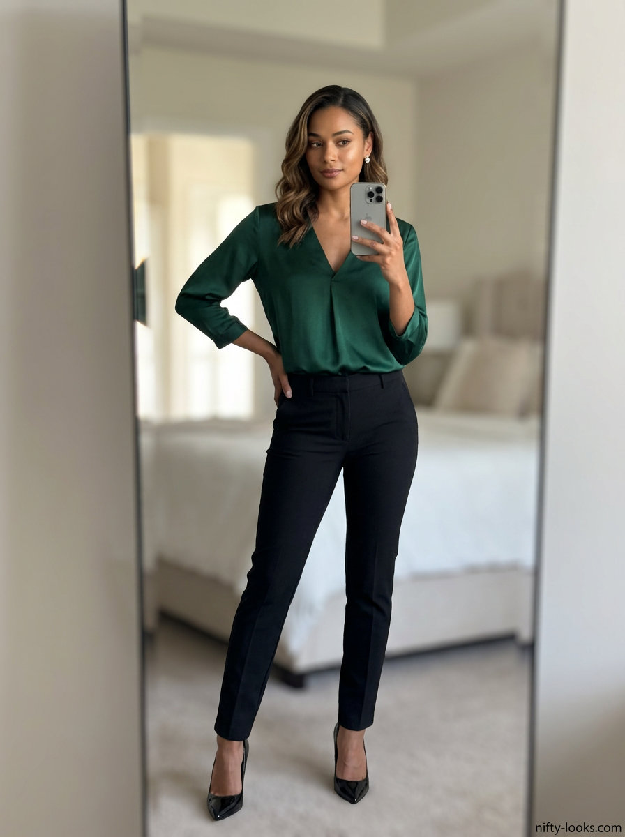 Emerald green v-neck silk blouse with black tailored trousers for modern professional look. Summer v-neck outfits women 2026.