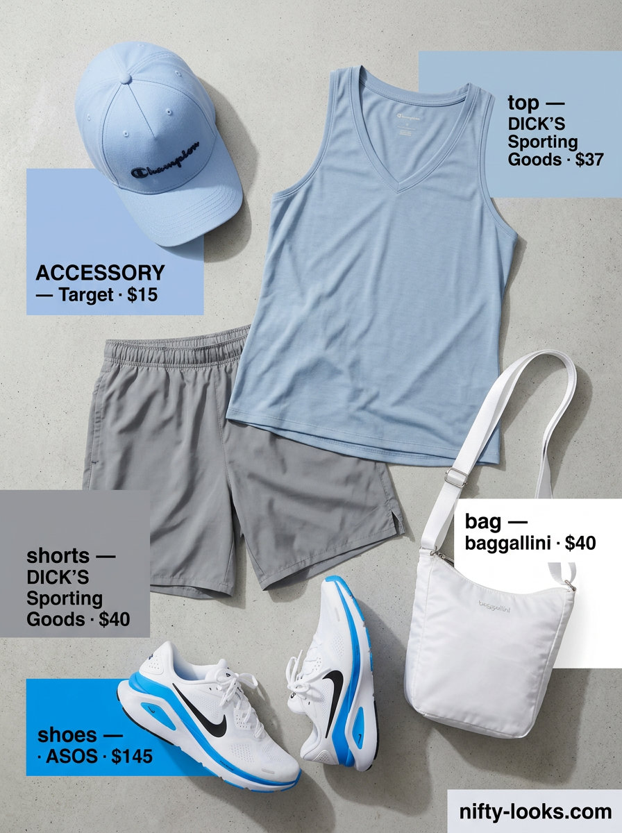 Sporty summer v-neck outfits women 2026: Light blue tank top, grey shorts, white trainers, crossbody bag, cap.