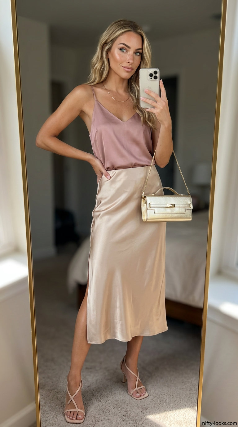 Romantic summer v-neck outfits women 2026: Blush camisole, champagne skirt, gold clutch for date night.