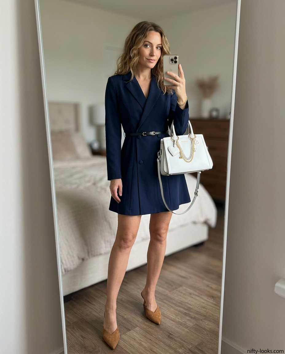 Sophisticated summer v-neck outfits women 2026: Navy blazer dress, tan heels, white satchel for work.