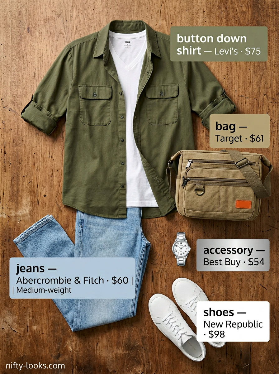 Casual summer v-neck outfits women 2026: Olive v-neck shirt, denim jeans, white sneakers for city exploration.