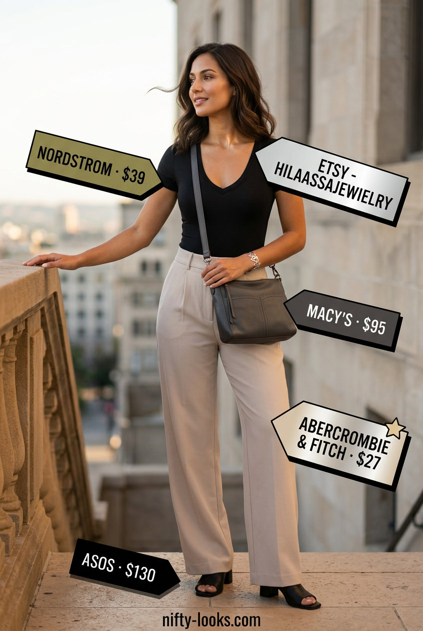 Sophisticated summer v-neck outfits women 2026: Beige wide-leg trousers, black v-neck bodysuit, silver jewelry.