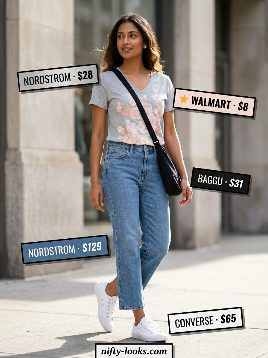 Heather grey v-neck graphic t-shirt with cropped jeans for weekend casual style. Summer v-neck outfits women 2026.