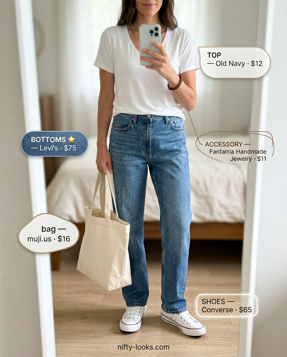 Classic summer v-neck outfits women 2026: White tee, denim jeans, sneakers, tote bag.