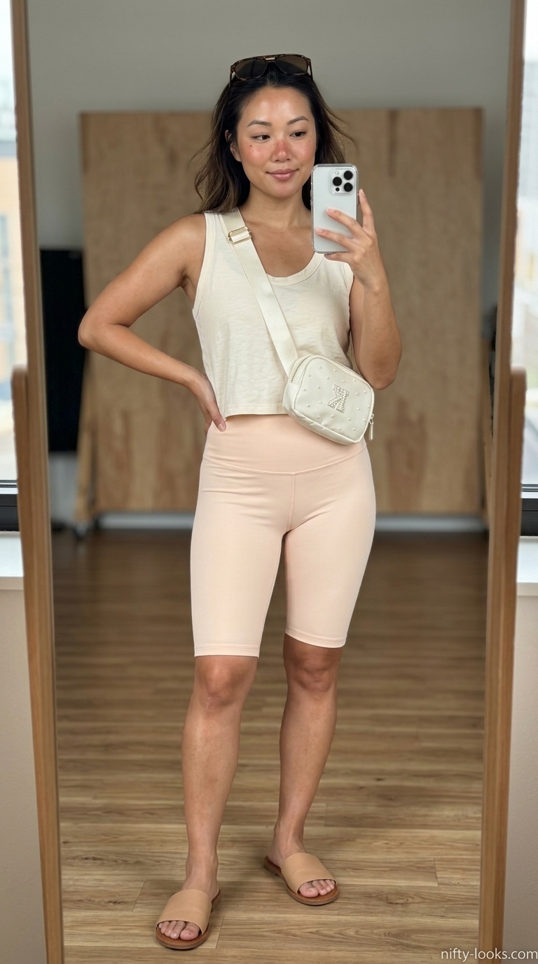 Comfy Summer Yoga Activewear for Women 2026 Soft peach shorts & cream tank for comfy summer yoga activewear for women 2026.