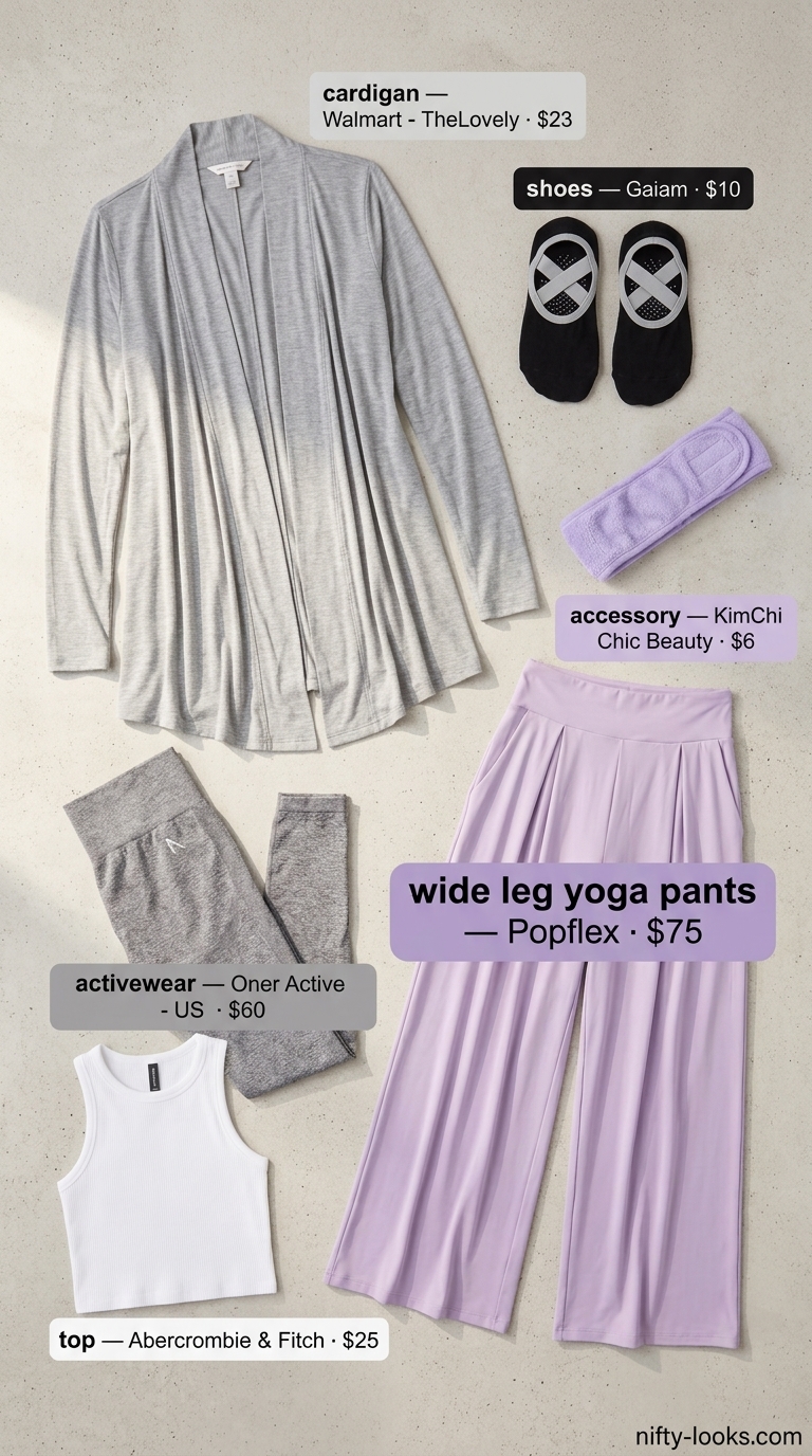 Summer Yoga Activewear 2026: Ethereal Flow Outfit Lavender wide leg yoga pants & light grey cardigan: summer yoga activewear for women 2026 for restorative yoga.