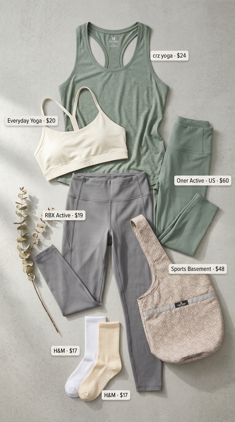 Summer Yoga Activewear 2026: Mindful Morning Flow Sage green yoga leggings & cream tank: summer yoga activewear for women 2026 for mindful practice.
