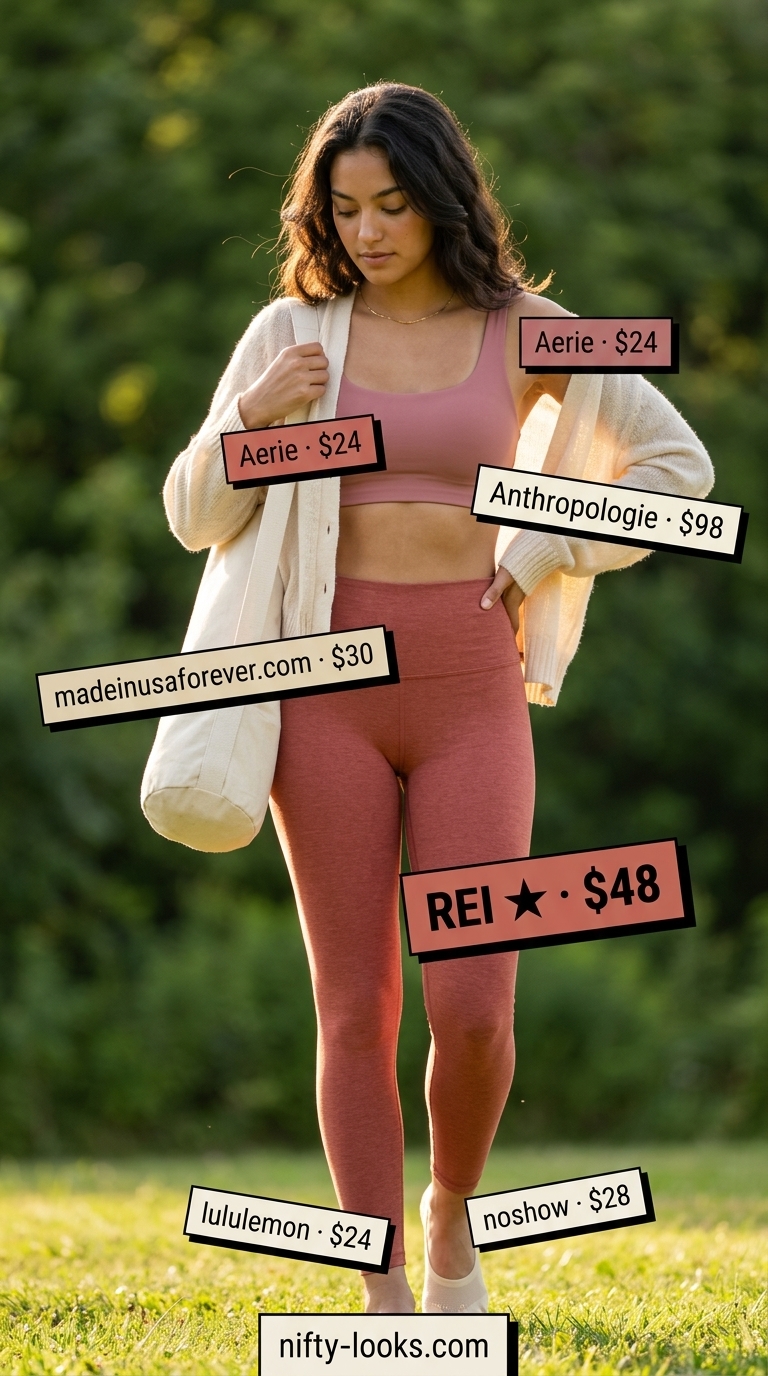 Summer Yoga Activewear 2026: Mindful Mover Outfit Dusty rose yoga leggings & cream cardigan: summer yoga activewear for women 2026 for gentle yoga.