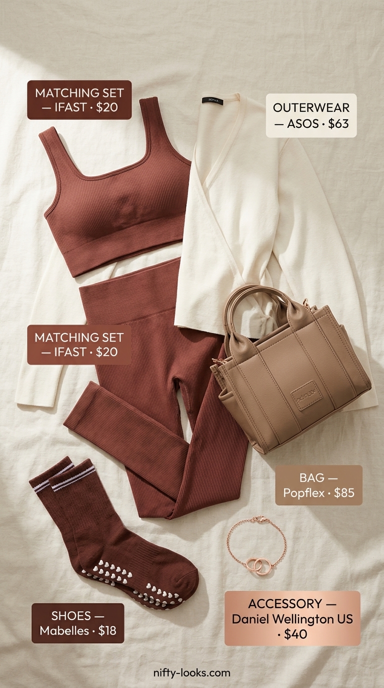 Polished Summer Yoga Activewear for Women 2026 Warm mocha matching set & cream cardigan for polished summer yoga activewear for women 2026.