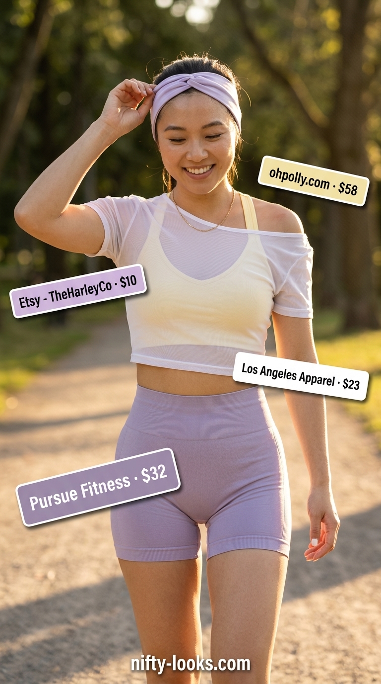 Summer Yoga Activewear 2026: Playful Park Practice Lavender yoga shorts & pale yellow bra: summer yoga activewear for women 2026 for park practice.