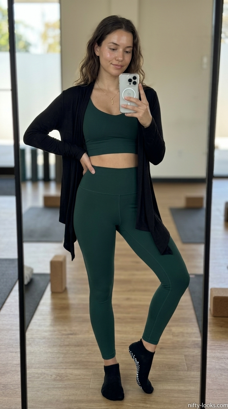 Summer Yoga Activewear 2026: Restorative Rhythm Outfit Deep teal yoga leggings & black wrap: summer yoga activewear for women 2026 for restorative yoga.