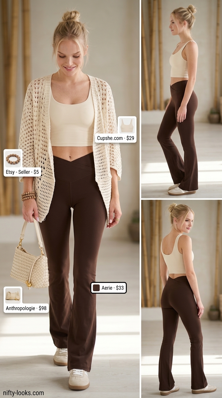 Relaxed Summer Yoga Activewear for Women 2026 Chocolate brown flare pants & cream top for relaxed summer yoga activewear for women 2026.