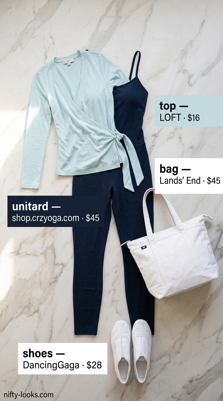 Summer Yoga Activewear 2026: Sleek Studio Unitard Sleek summer yoga activewear for women 2026: Navy unitard, pale blue wrap top, white studio shoes for barre class.