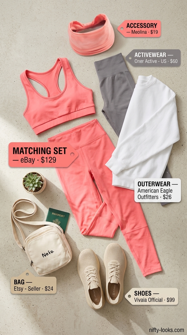 Vibrant Summer Yoga Activewear for Women 2026 Coral pink matching set with white sweatshirt & beige shoes for summer yoga activewear for women 2026.