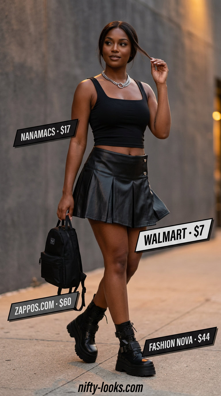 Tennis mini skirt outfits summer for women 2026: Black faux leather skirt, charcoal crop top, combat boots. Edgy evening style.