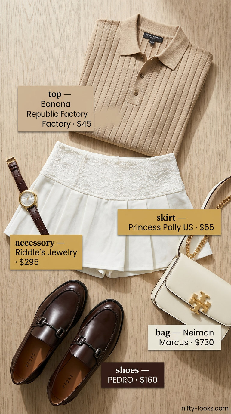 Cream tennis mini skirt outfit summer for women 2026 with tan sweater and brown loafers for country club.