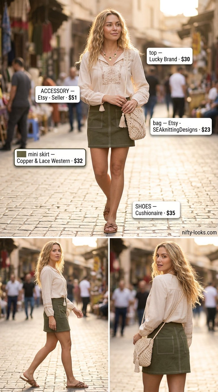 Earthy desert bloom tennis mini skirt outfit summer for women 2026 with olive green utility skirt and cream blouse.