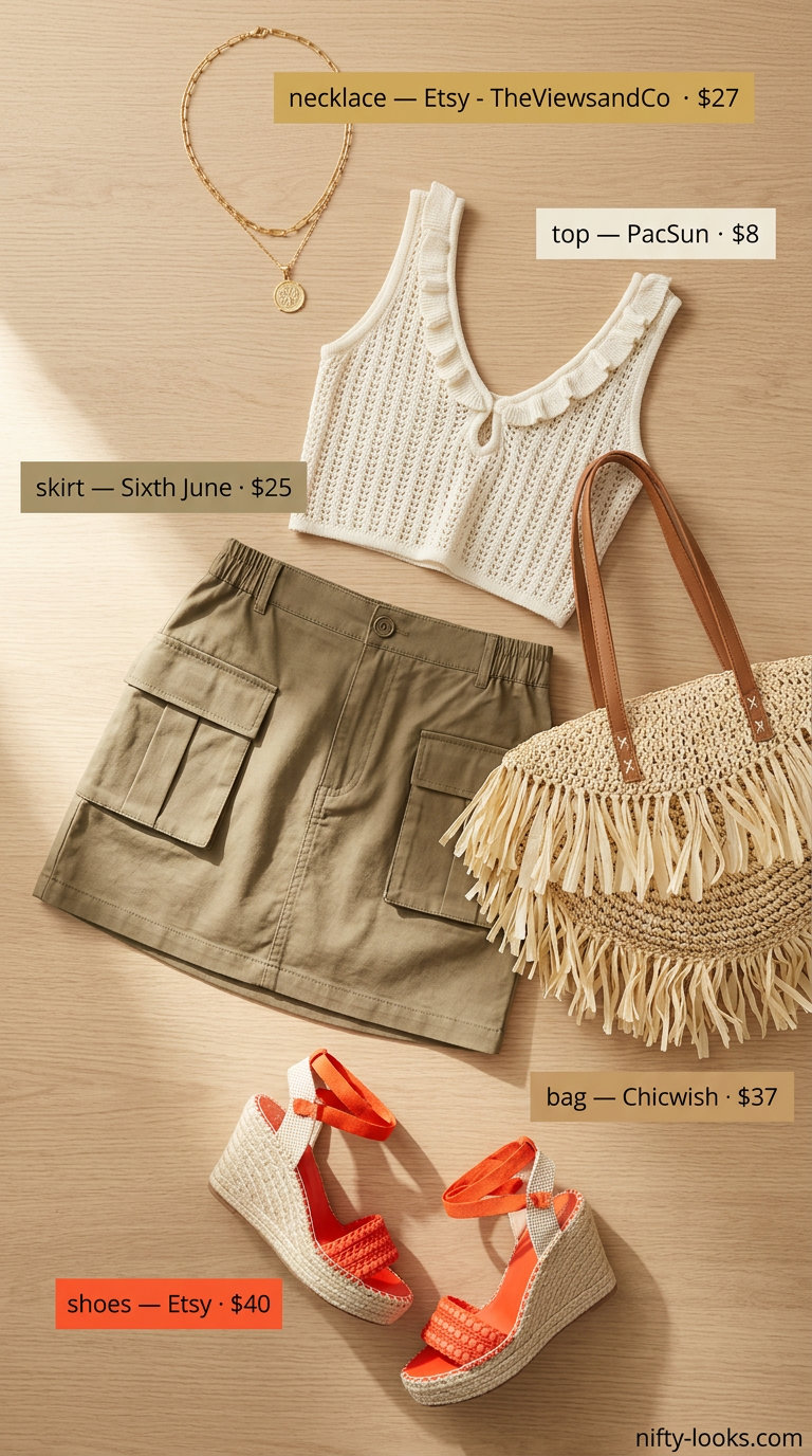 Tennis mini skirt outfits summer for women 2026: Khaki skirt, crochet top, espadrilles. Earthy festival style.