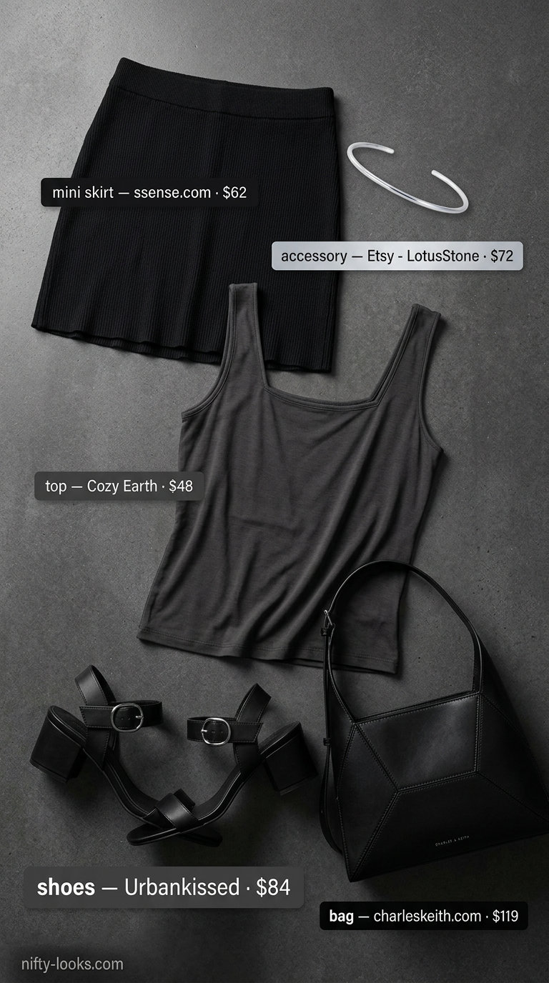 Sophisticated black tennis mini skirt outfit summer for women 2026 with knit skirt and heeled sandals for city nights.