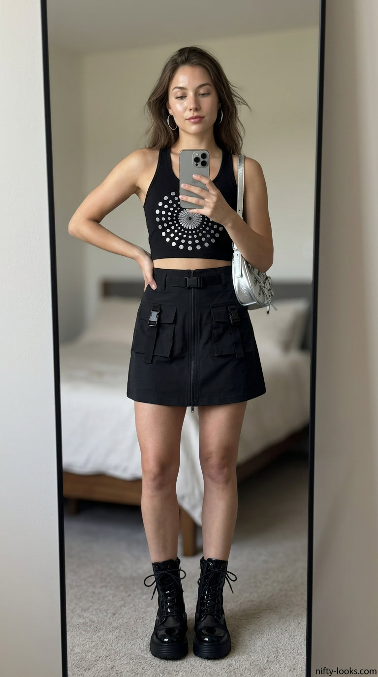 Tennis mini skirt outfits summer for women 2026: Black cargo skirt, charcoal top, silver bag. Edgy urban style.