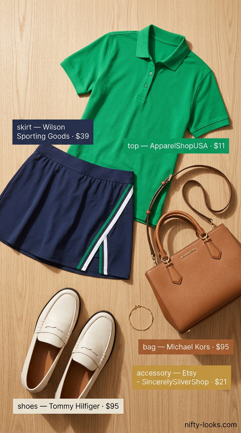 Preppy green tennis mini skirt outfit summer for women 2026 with white polo and loafers for brunch.