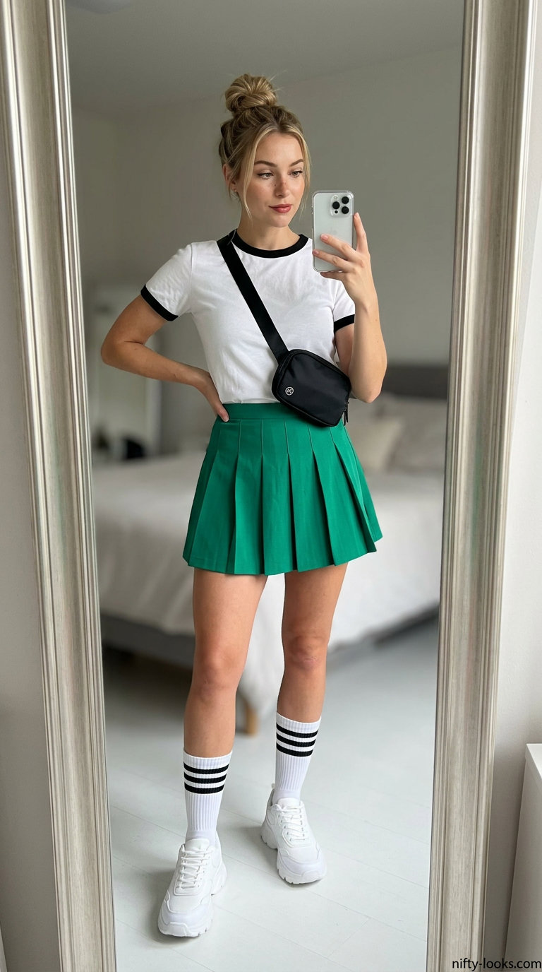 Tennis mini skirt outfits summer for women 2026: Green color-block skirt, vintage tee, retro sneakers. Sporty festival style.