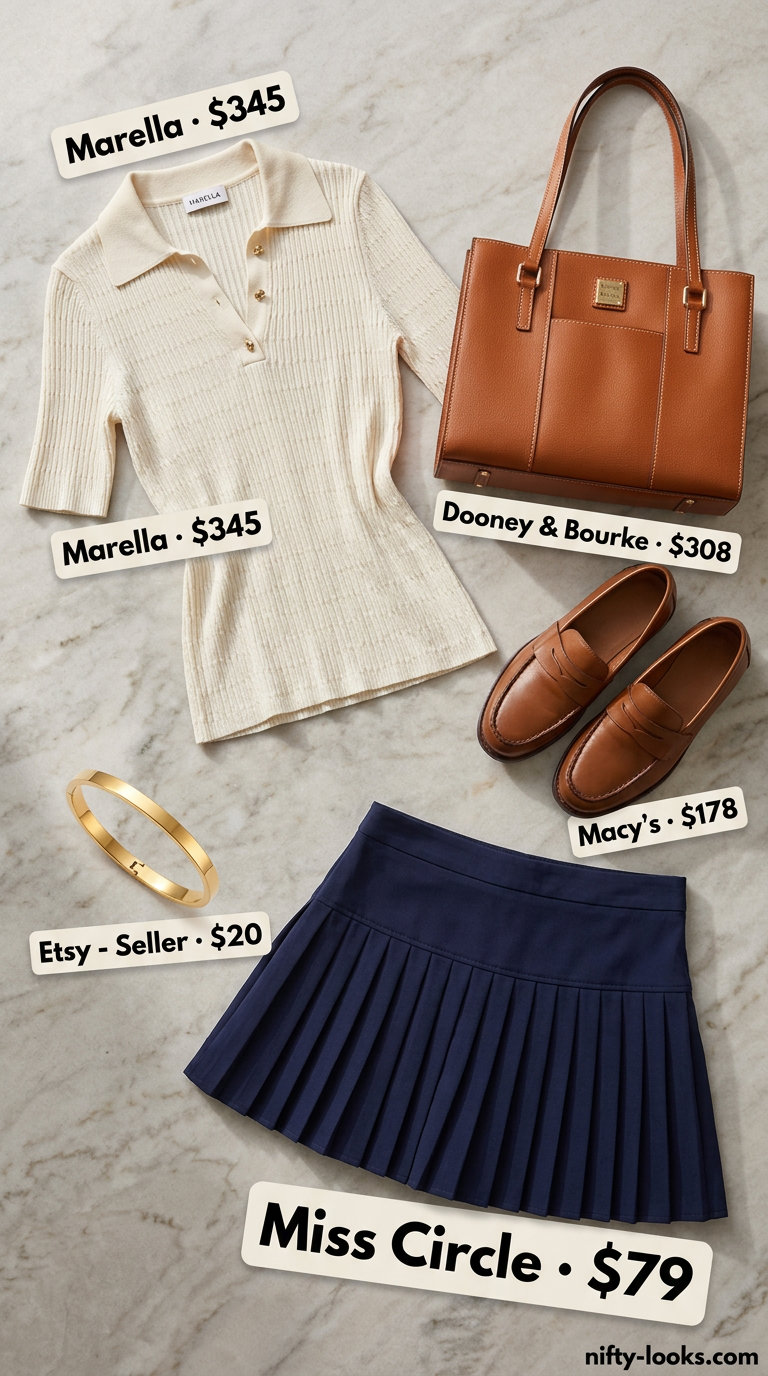 Navy tennis mini skirt outfit summer for women 2026 with cream polo and tan loafers for a chic lunch.