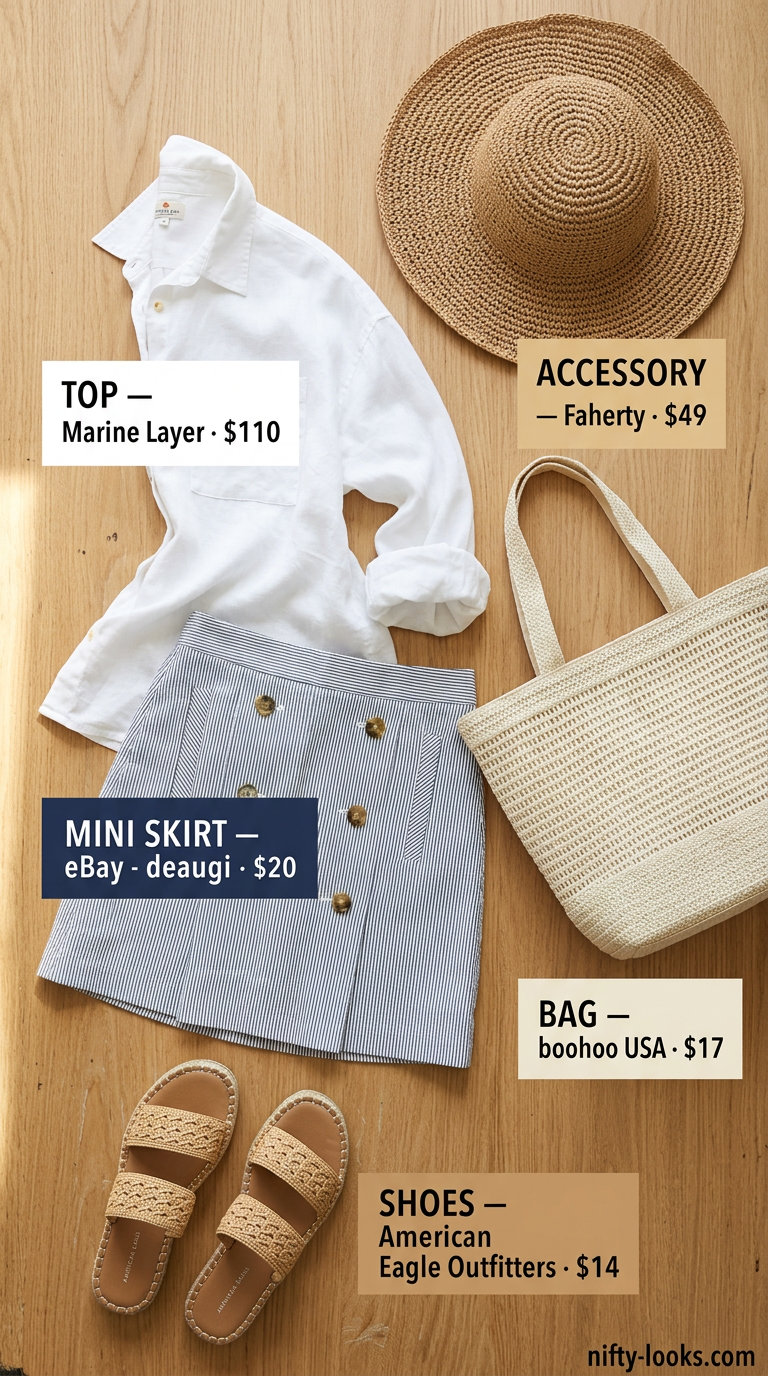 Coastal seaside tennis mini skirt outfit summer for women 2026 in light blue seersucker with a white linen shirt.