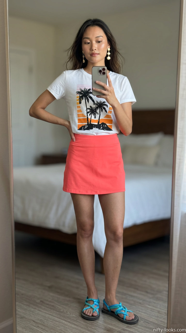 Tennis mini skirt outfits summer for women 2026: Coral skirt, white graphic tee, straw bag. Vibrant vacation style.