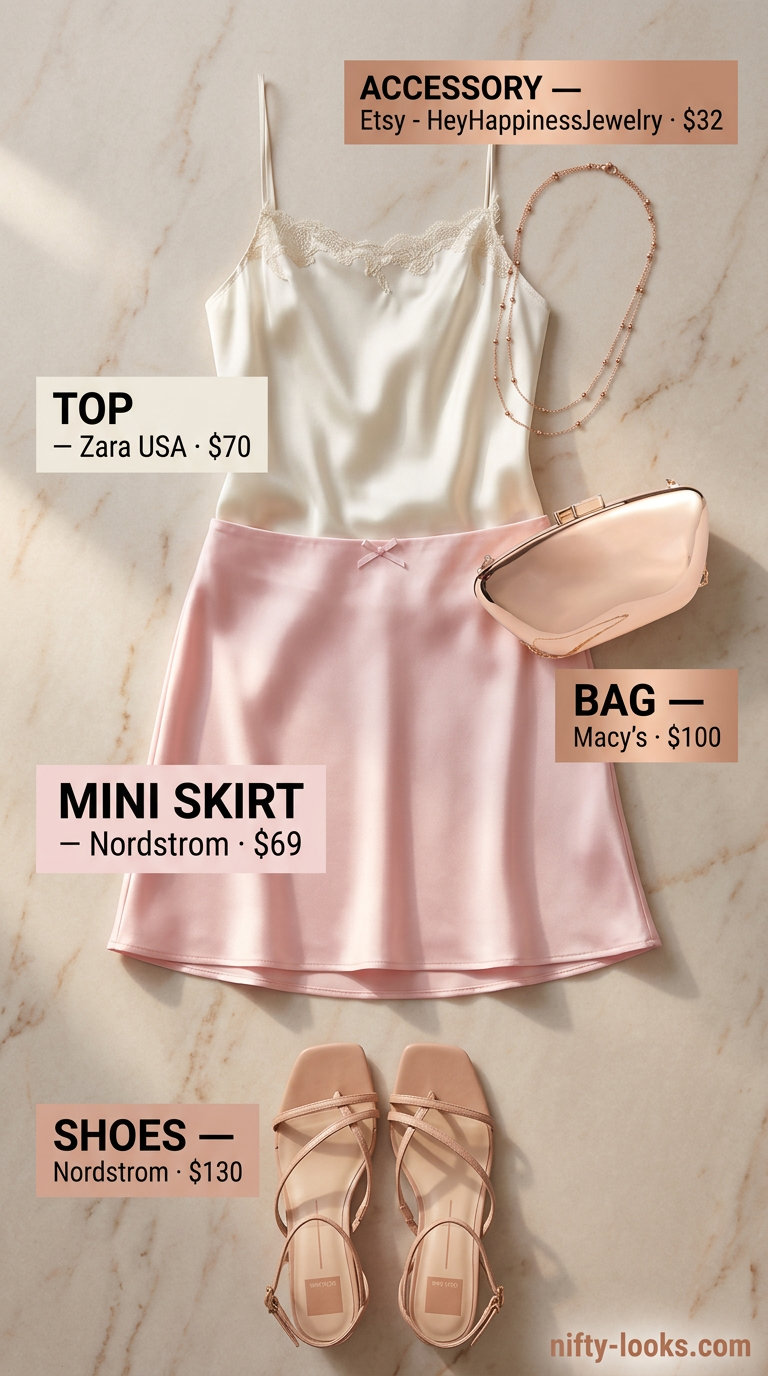 Tennis mini skirt outfits summer for women 2026: Pink satin skirt, ivory cami, rose gold bag. Romantic date night style.