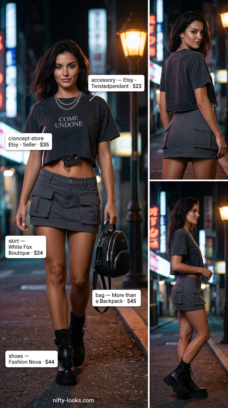 Edgy street style tennis mini skirt outfit summer for women 2026 with grey cargo skirt, graphic tee, and combat boots.