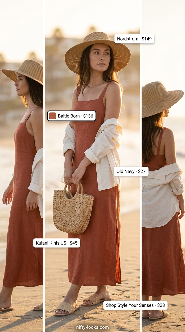 Timeless summer outfit for women over 50 2026: Terracotta maxi dress, ivory shirt cover-up, straw hat & tote for beach vacation.