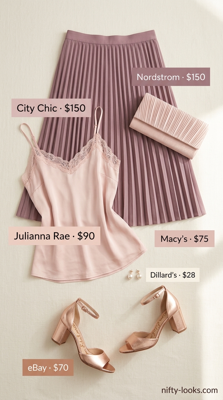 Timeless summer outfit for women over 50 2026: Blush pink satin skirt, cream camisole, rose gold sandals.