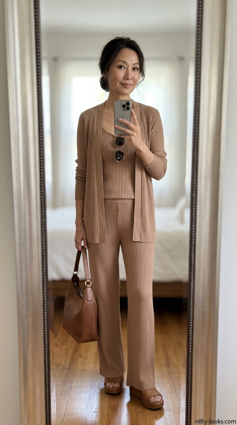 Timeless summer outfit for women over 50 2026: Camel knit matching set for relaxed luxury.