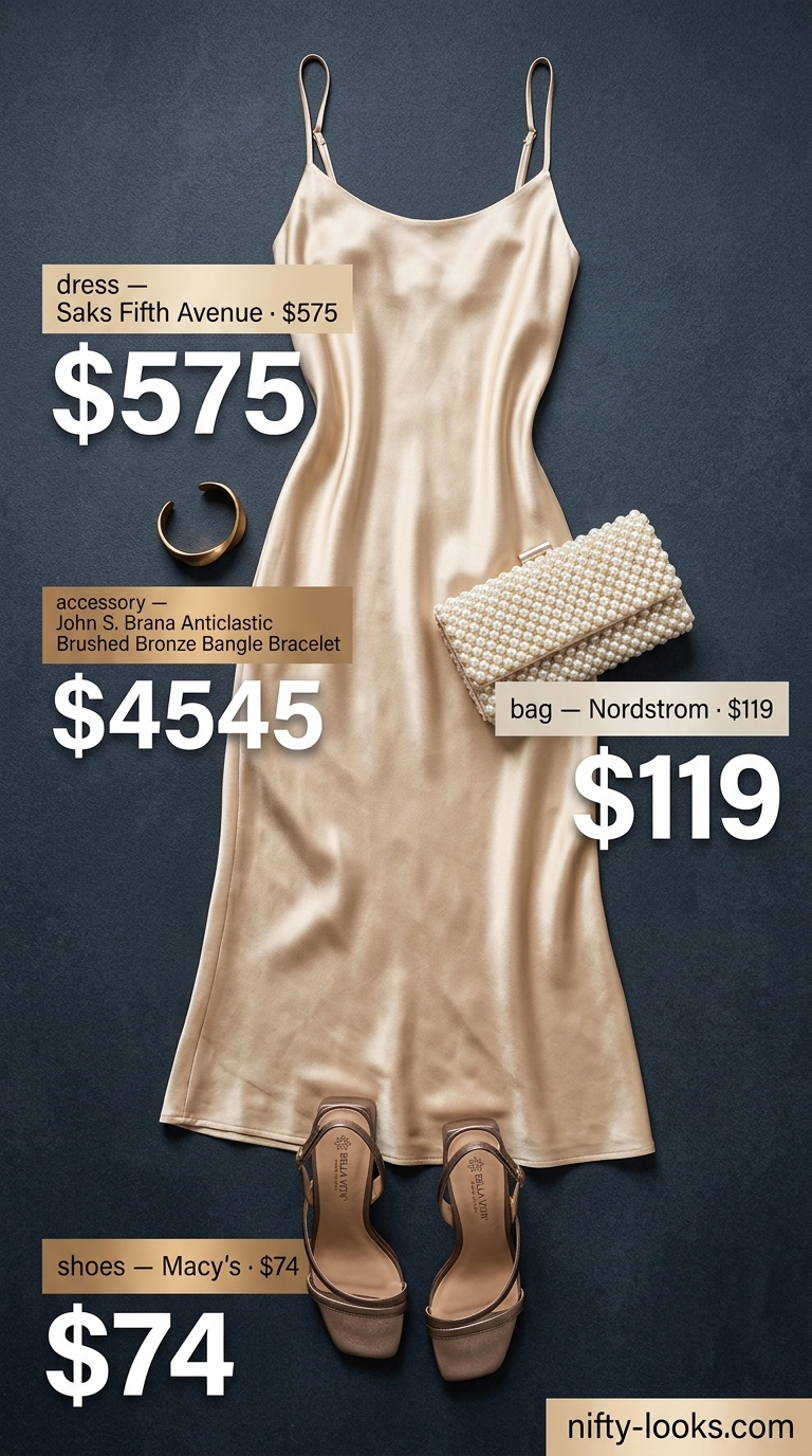 Timeless summer outfit for women over 50 2026: Champagne slip dress, metallic sandals, pearl earrings & clutch for evening event.