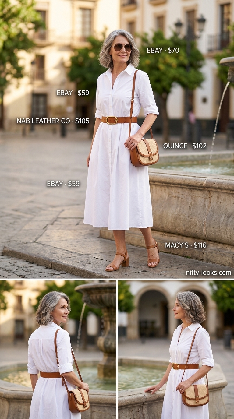 Timeless summer outfit for women over 50 2026: White shirt dress, tan sandals, belt & crossbody bag for classic day out.