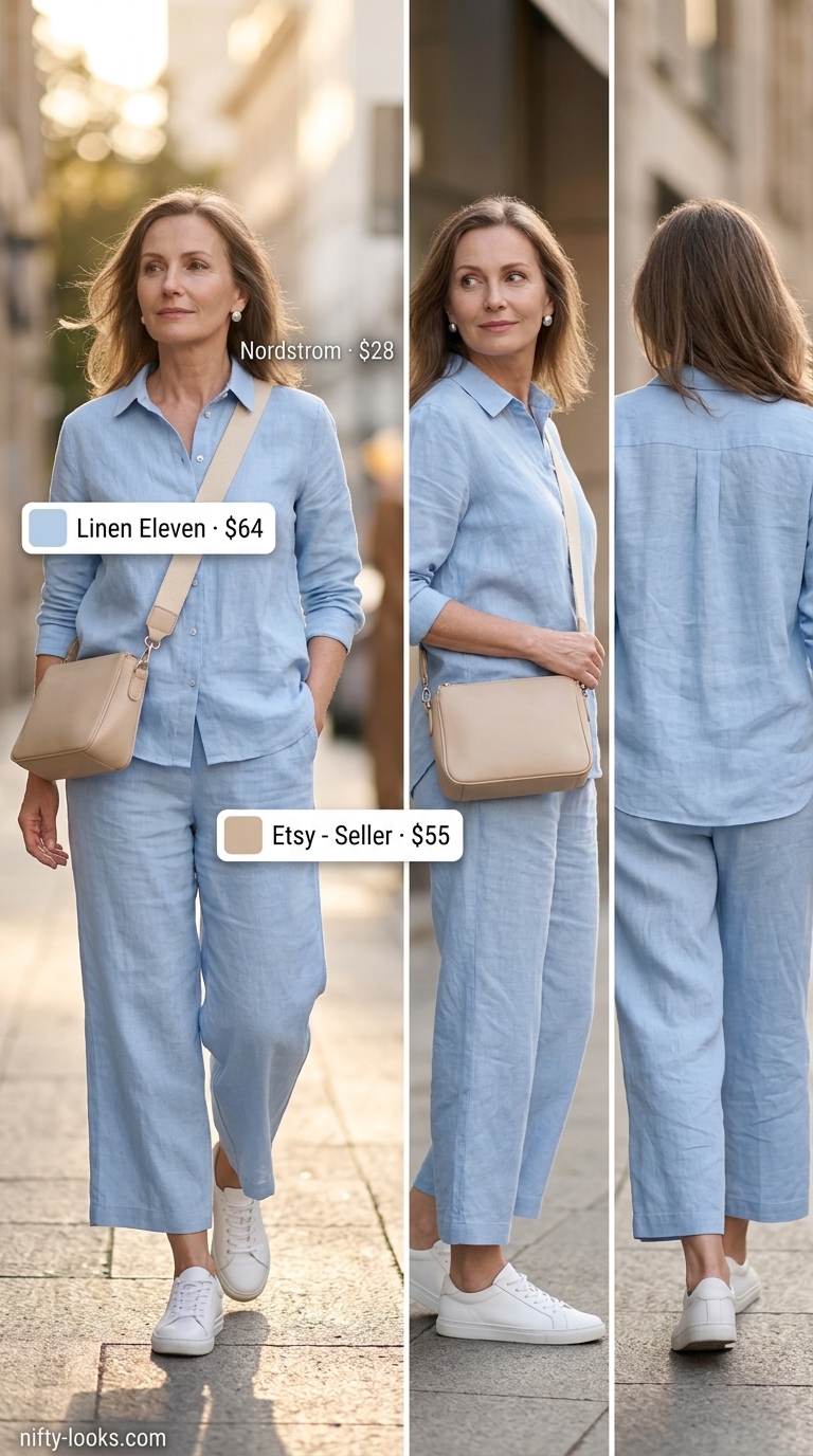 Timeless summer outfit for women over 50 2026: Pale blue linen matching set with white sneakers and beige crossbody bag.