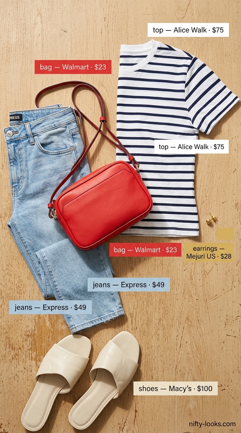 Timeless summer outfit for women over 50 2026: High-waisted jeans, striped knit top, and crossbody bag for casual outings.