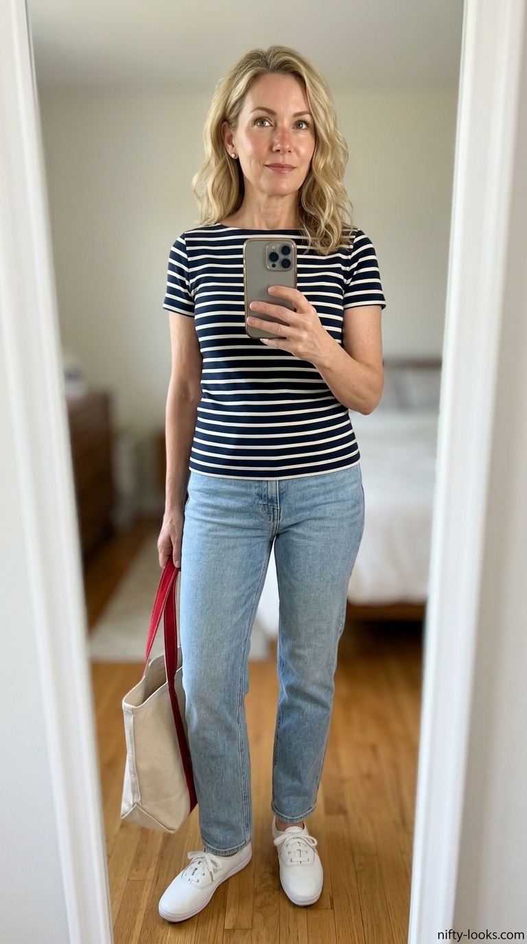 Timeless summer outfit for women over 50 2026: Light wash jeans, striped tee for casual errands.