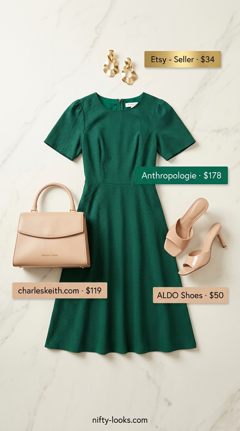 Timeless summer outfit for women over 50 2026: Emerald green midi dress, gold mules, sculptural earrings.