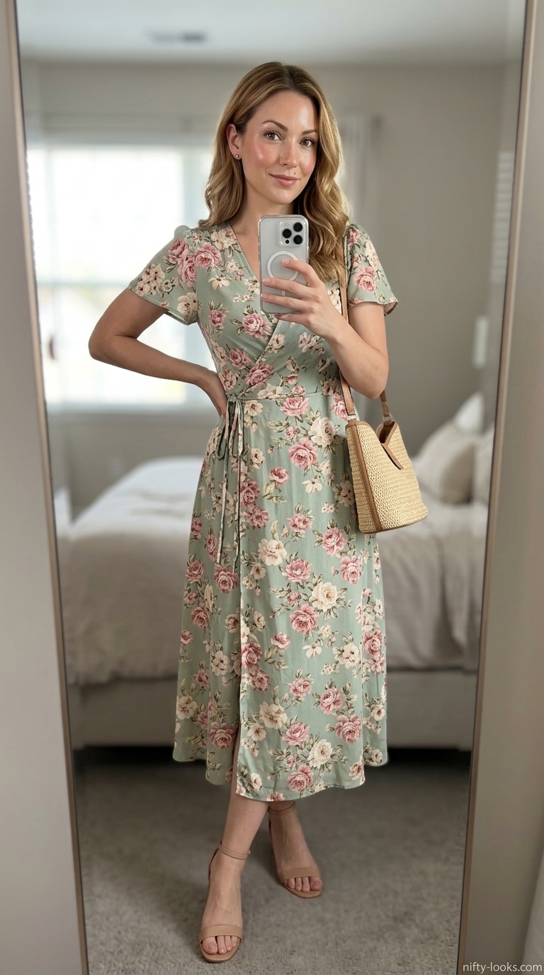 Timeless summer outfit for women over 50 2026: Floral wrap dress, nude block heels, woven crossbody bag.